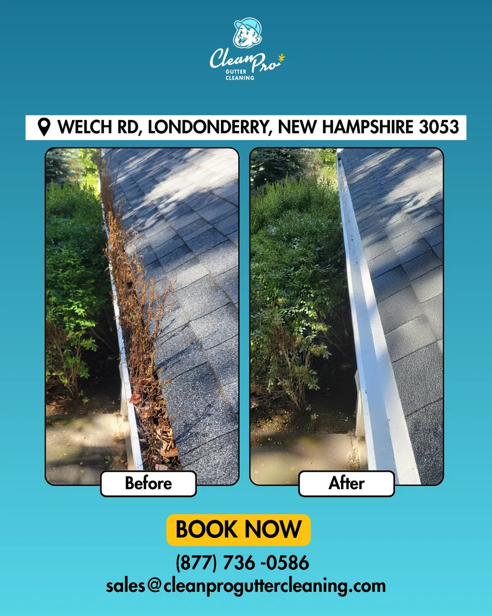 Before and after gutter cleaning in Londonderry, NH