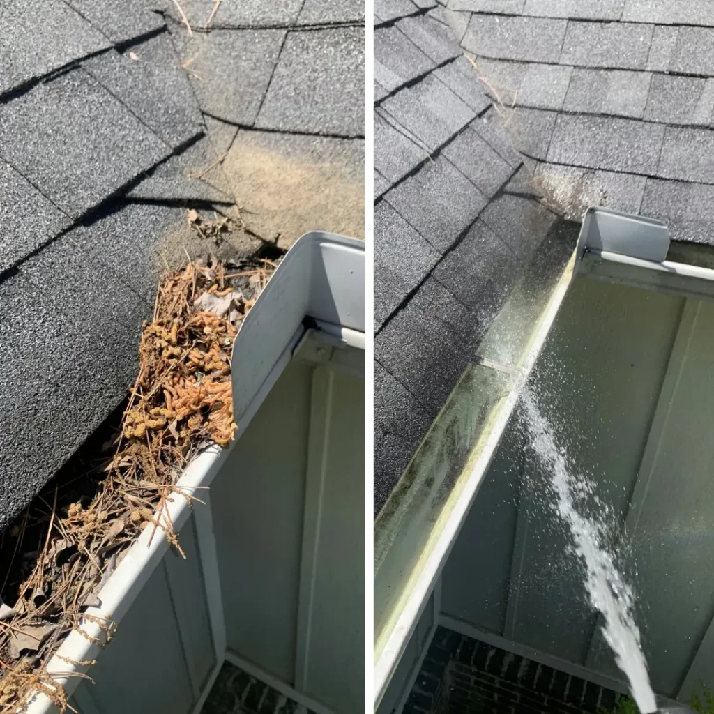 Fully cleaned gutter after AquaBlast treatment with restored water flow
