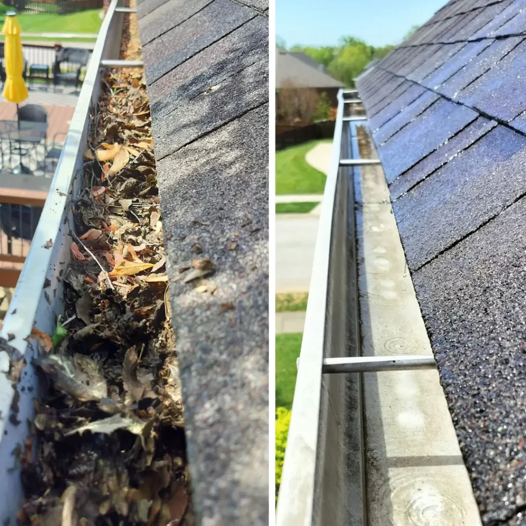 Clogged gutter filled with leaves before AquaBlast cleaning in Kansas City
