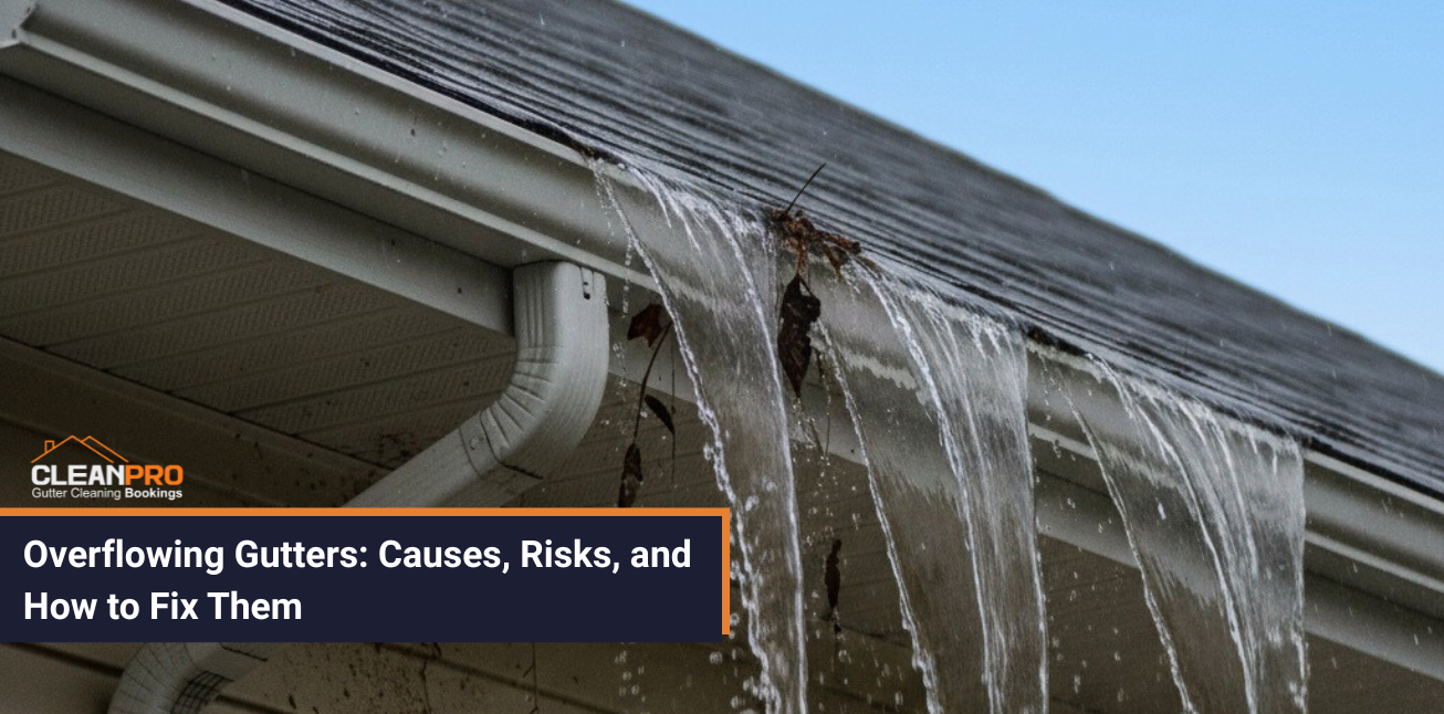 Rainwater overflowing from clogged house gutters filled with leaves, showing the risks of poor gutter maintenance and drainage.