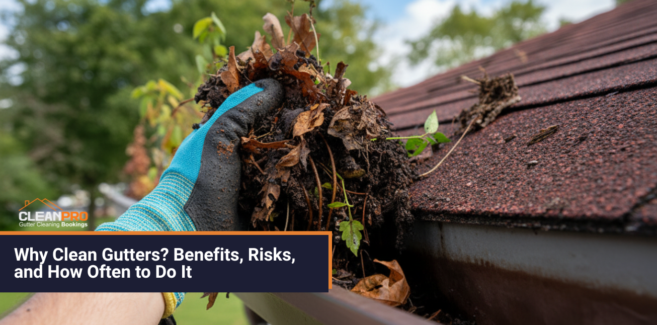 Person wearing gloves removing wet leaves and debris from house gutters, showing the importance of regular gutter cleaning for home maintenance.