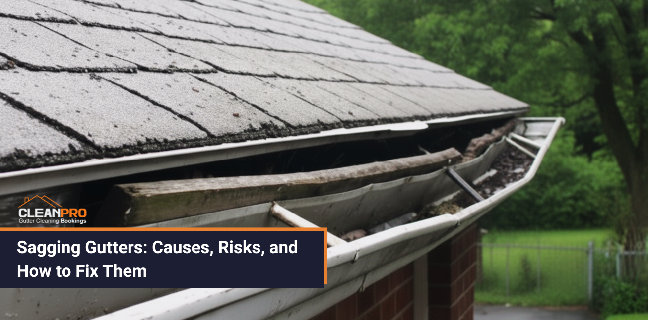 Close-up of sagging house gutters pulling away from the roofline, showing damage from debris and poor maintenance.
