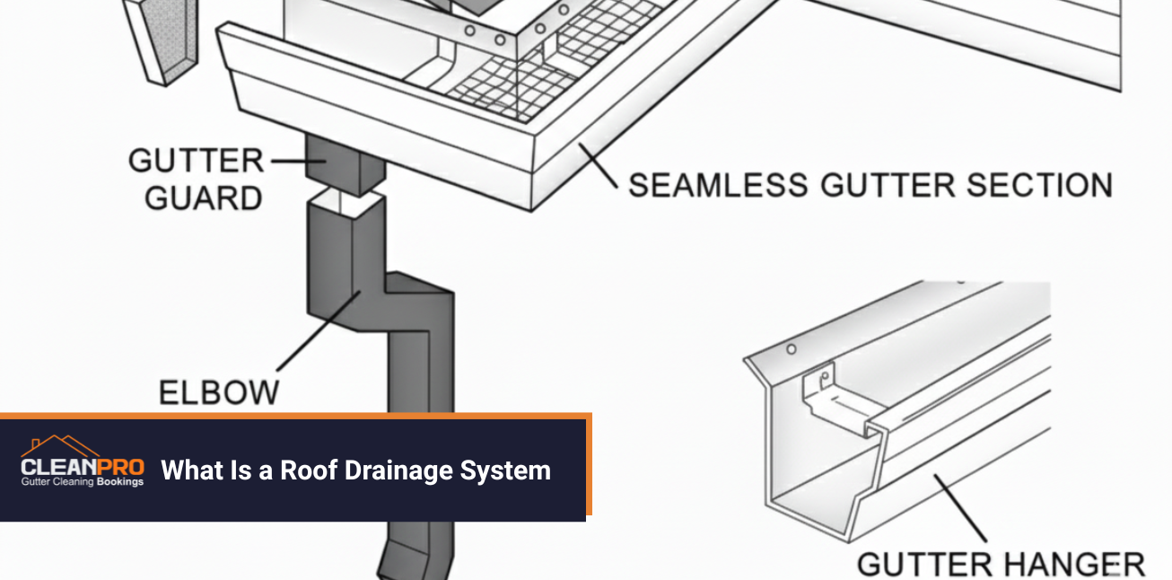 Diagram of a roof drainage system showing seamless gutter section, gutter guard, downspout elbow, and gutter hanger components.