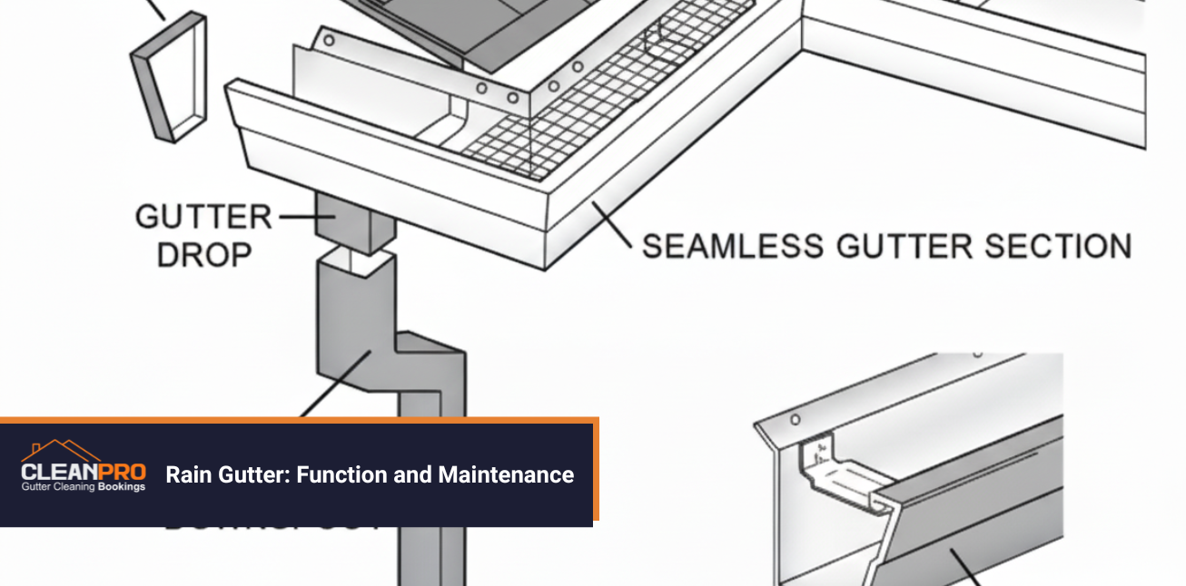 Diagram of a rain gutter system showing seamless gutter section, gutter drop, elbow, downspout, and maintenance components.