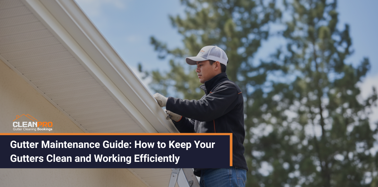Professional worker cleaning house gutters on a ladder as part of routine gutter maintenance for proper drainage.